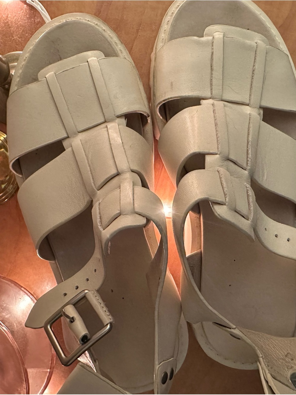 eos Cream Strappy Leather Buckle Sandals